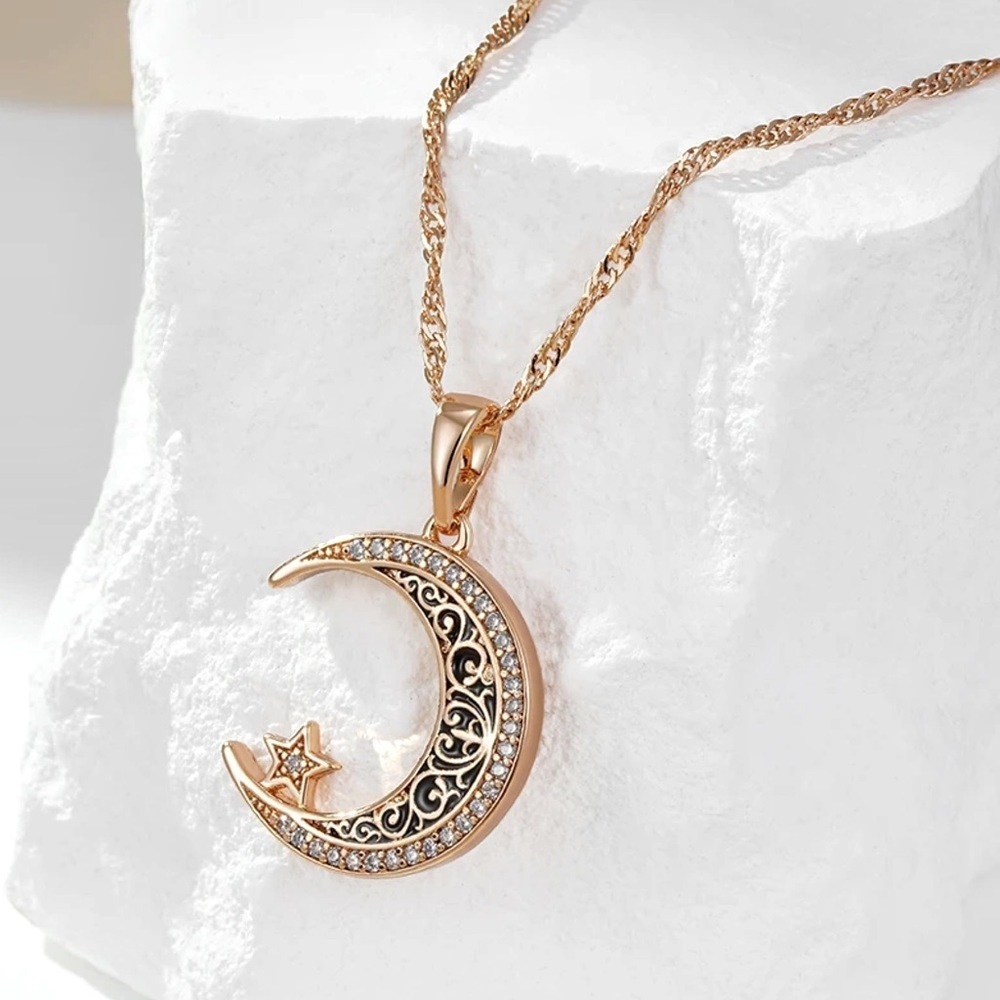 Rose Gold Black Enamel Moon Celestial Natural Zircon Necklace